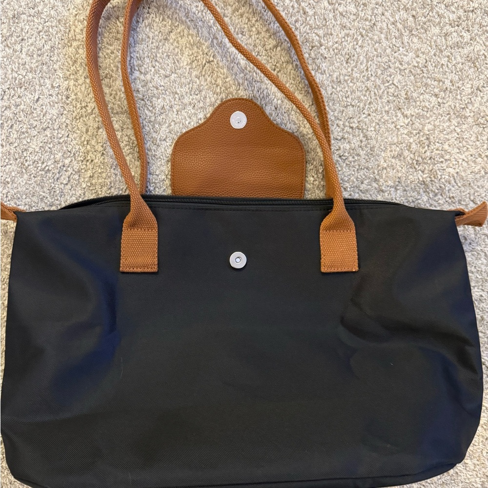 Black Tote Bag with Brown Handles